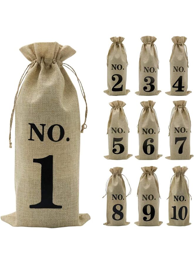 LAMAY 10pcs Jute Wine Bags, 14 x 6 1/4 inches Hessian Numbered Wine Bottle Gift Bags with Drawstring for Blind Wine Tasting (Brown) - Image 1